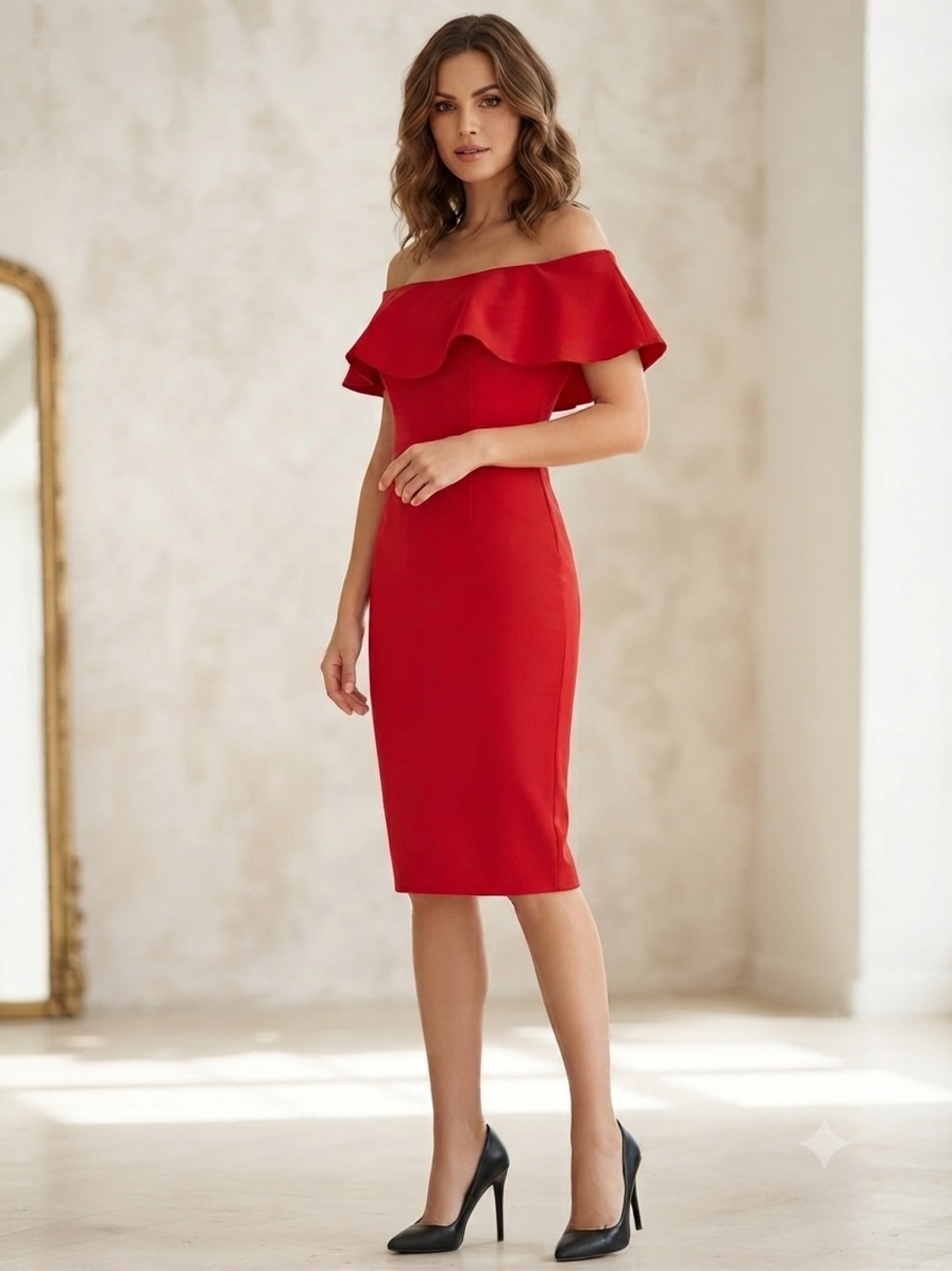ZARA Red Off the Shoulder Ruffle Sheath Classic Dress